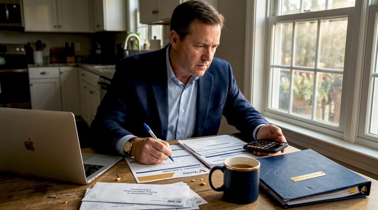 Man reviewing insurance claim paperwork at kitchen table
