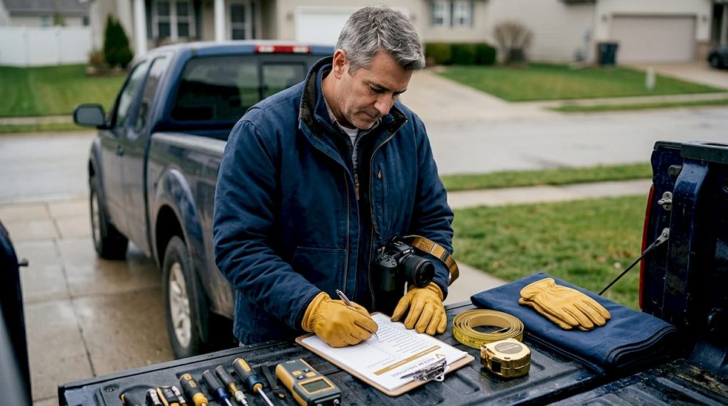 Homeowner organizing hail inspection tools on truck