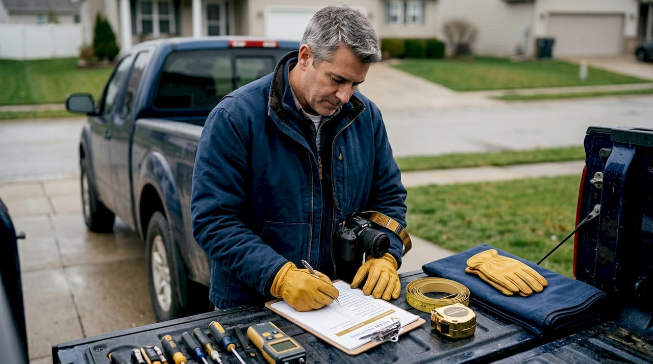 Homeowner organizing hail inspection tools on truck