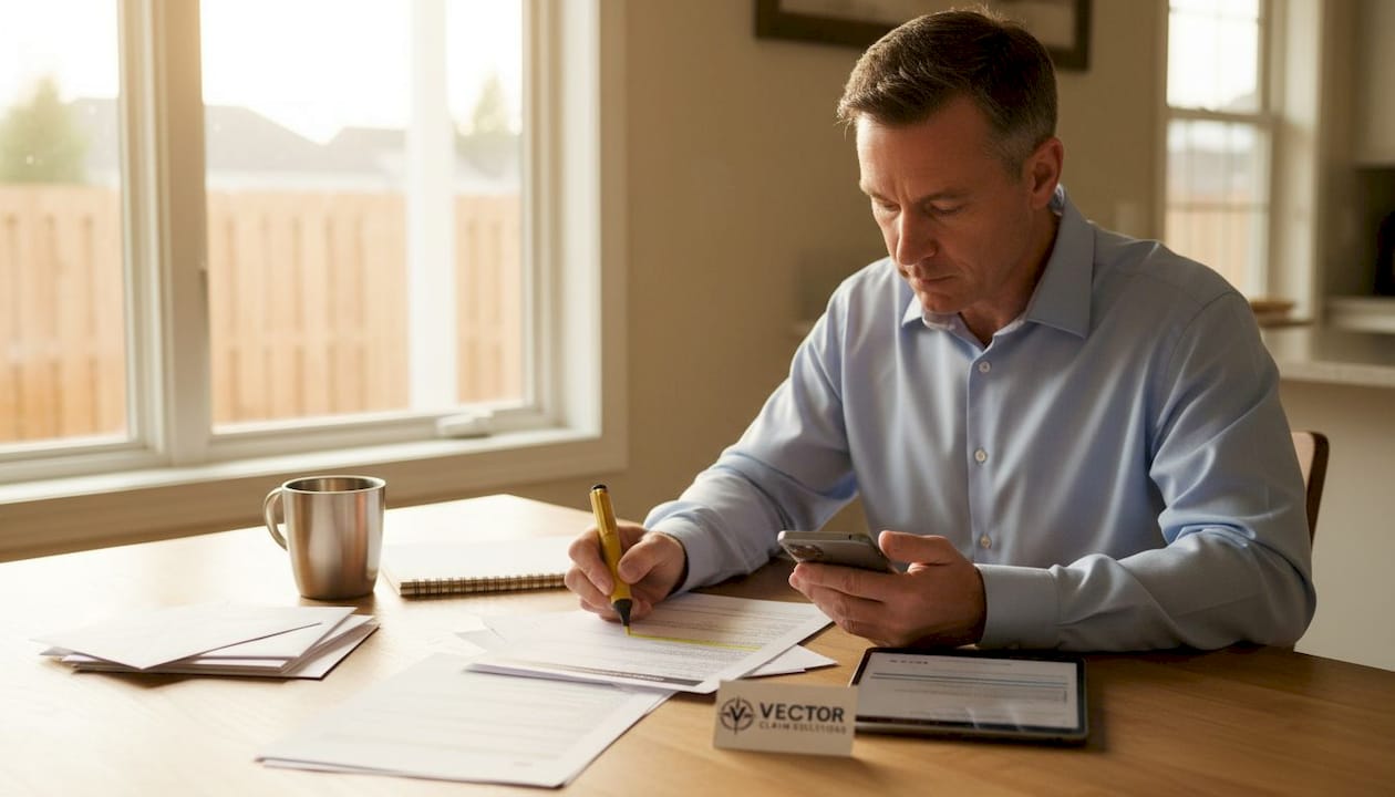 Homeowner reviewing claim paperwork at table