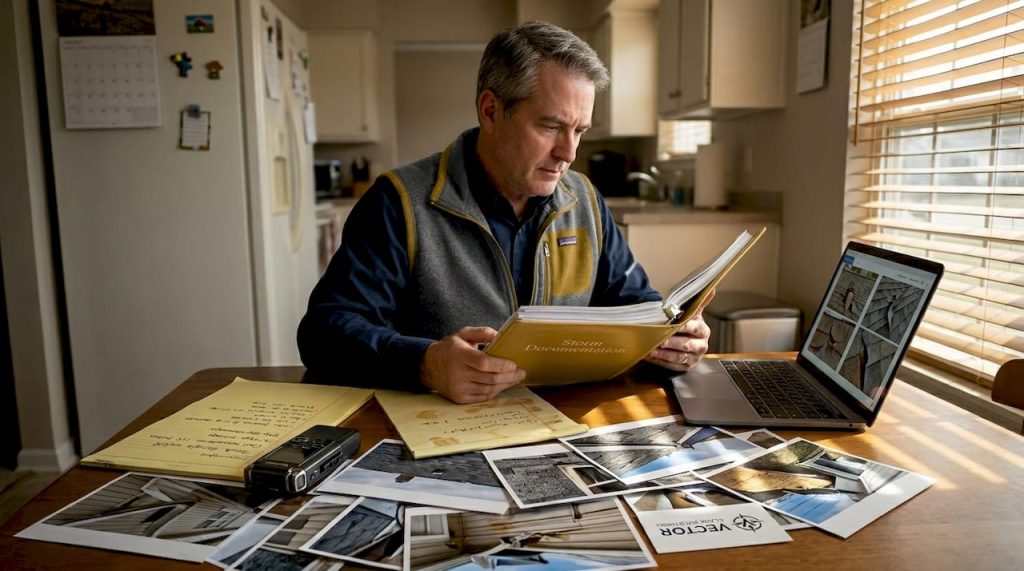 Insurance adjuster reviewing storm damage documents