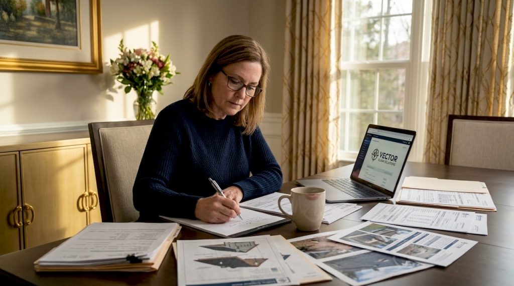 Woman reviewing property insurance paperwork at home