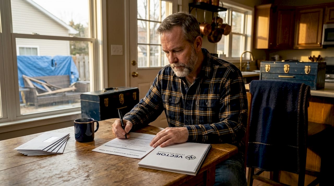 Homeowner filling storm damage insurance paperwork