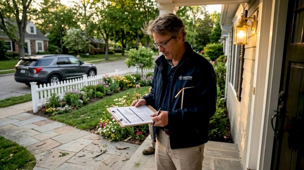Insurance adjuster examining roof inspection report