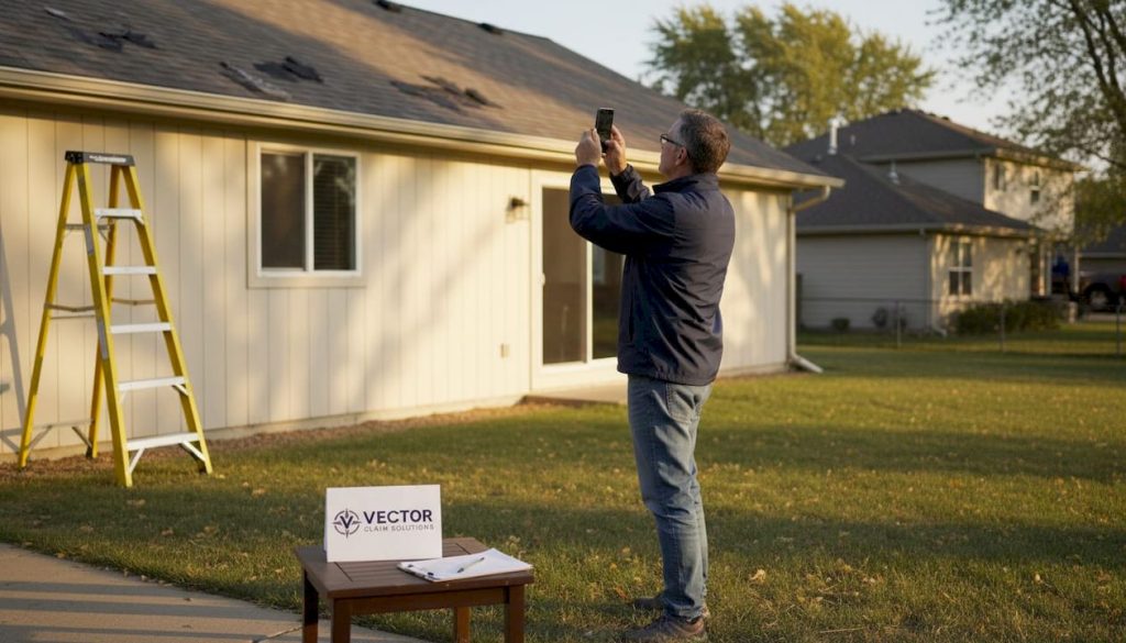 Homeowner photographing damaged roof shingles