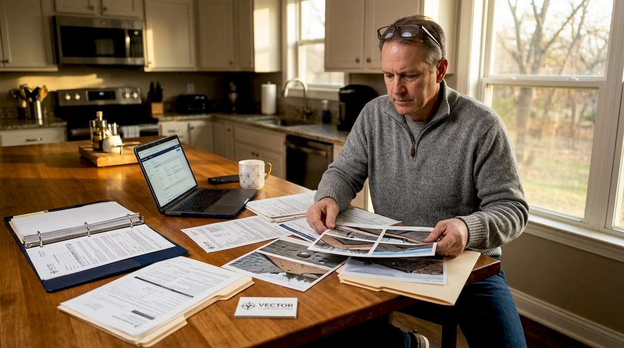 Homeowner reviewing hail damage claim documents