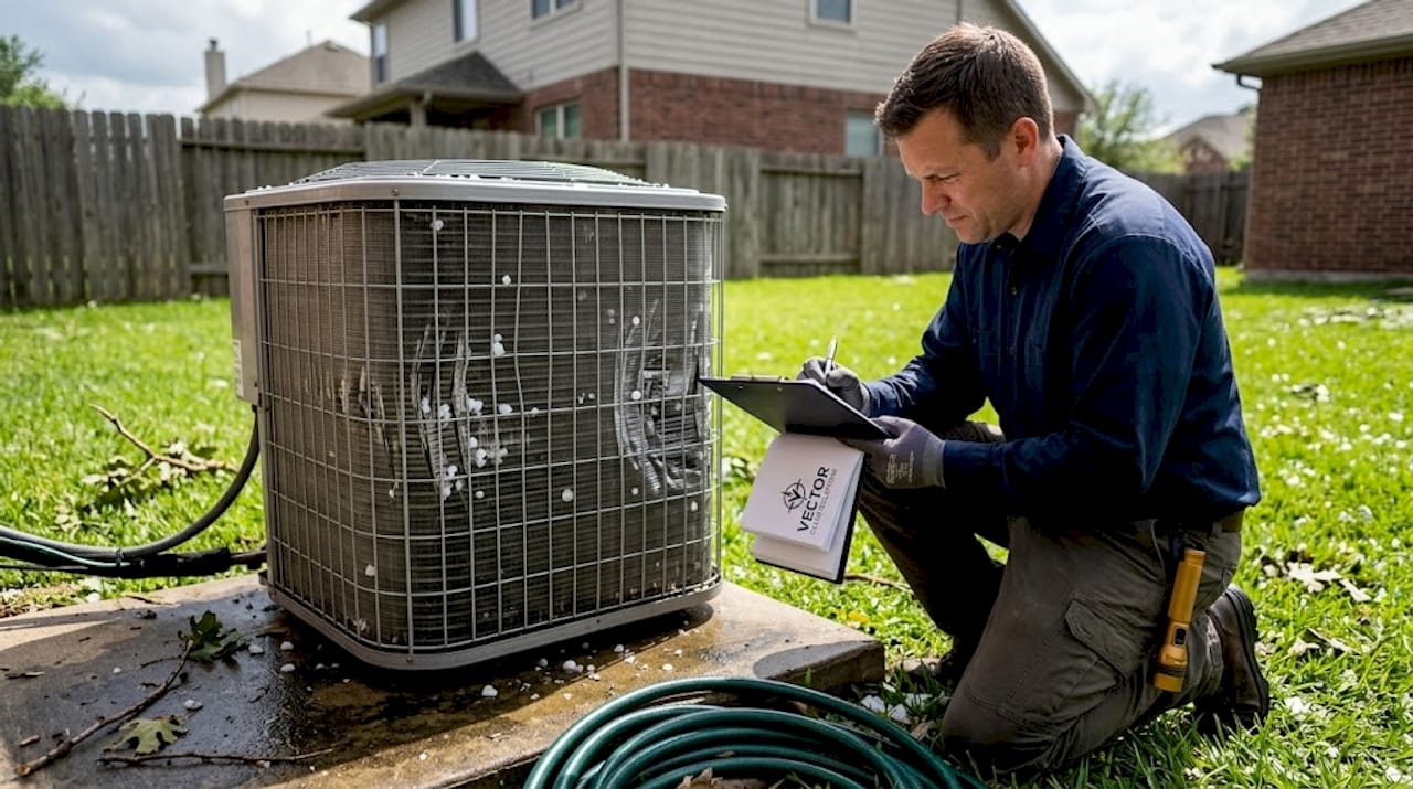 Technician inspecting hail-damaged HVAC condenser