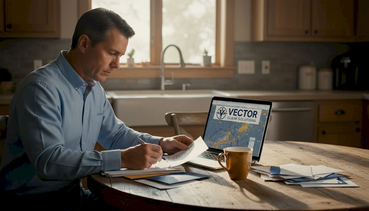 Homeowner reviewing hail insurance paperwork in kitchen