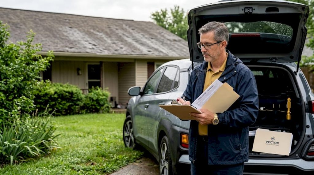 Insurance adjuster examines hail-damaged garage roof
