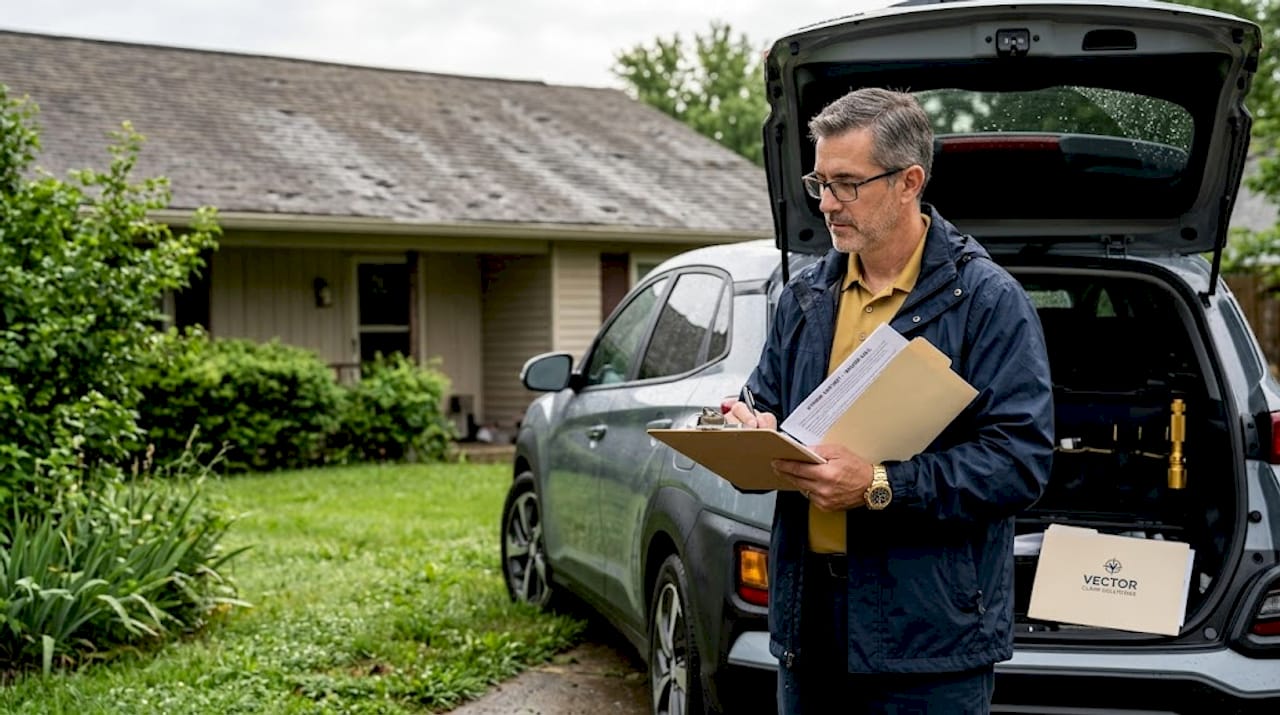 Insurance adjuster examines hail-damaged garage roof