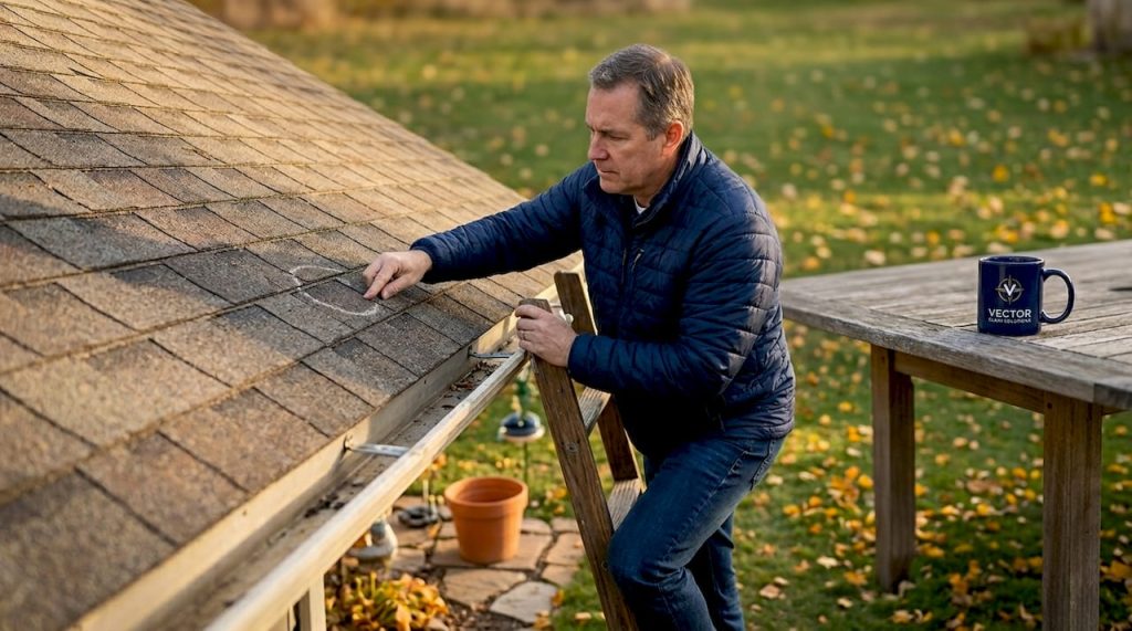 Homeowner inspects roof after hail storm