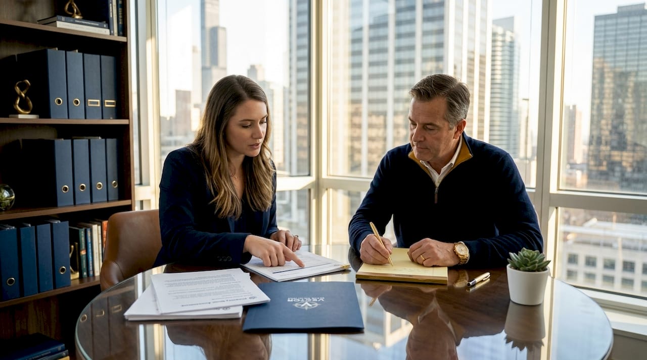 Business owner meeting public adjuster in office