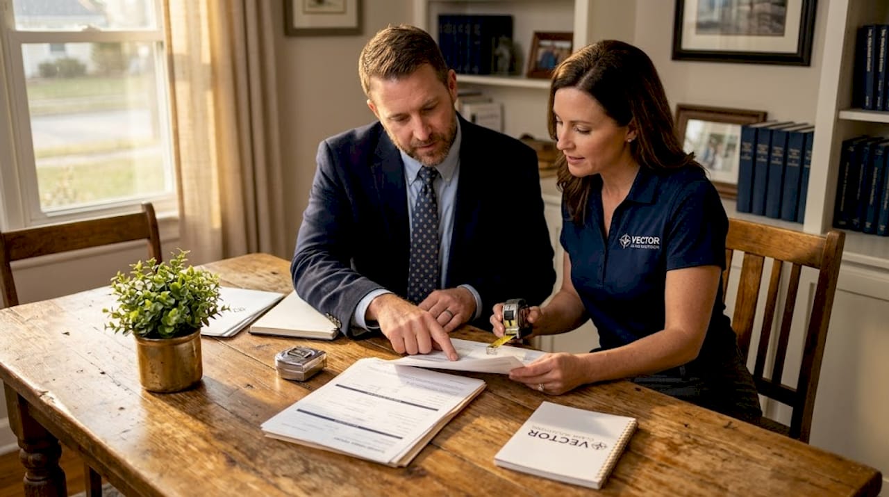 Adjuster and contractor reviewing claim documents