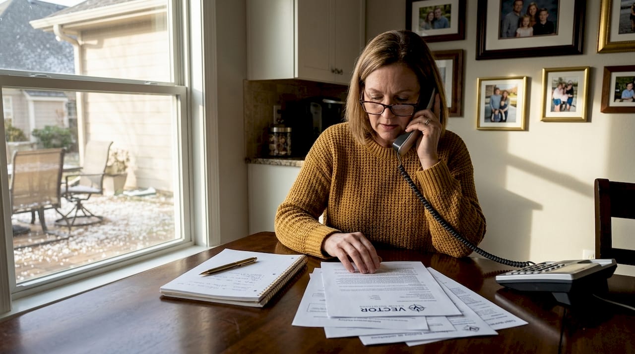 Homeowner reviews insurance hail policy at kitchen counter
