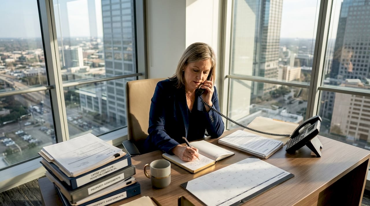 Public adjuster reviewing claim documents in office