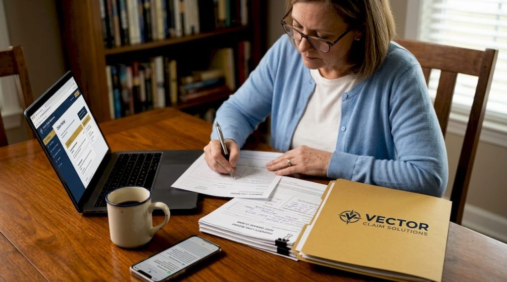 Homeowner completing property insurance paperwork