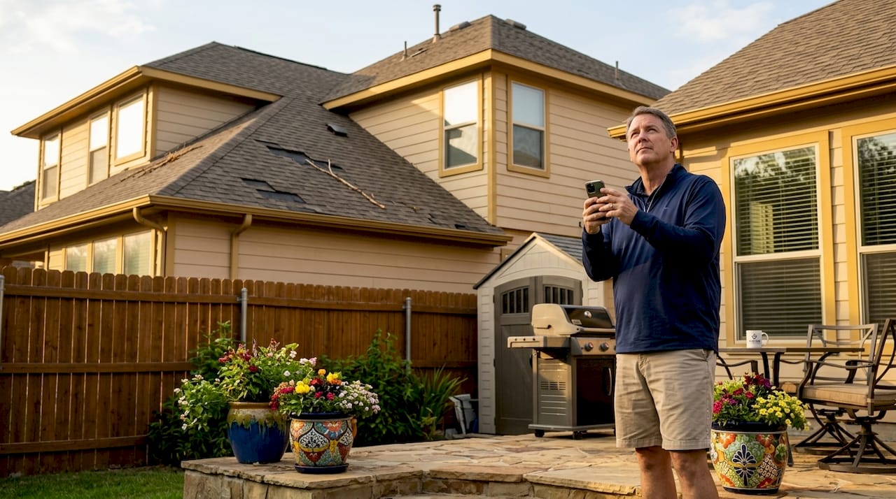 Homeowner photographing roof damage from yard